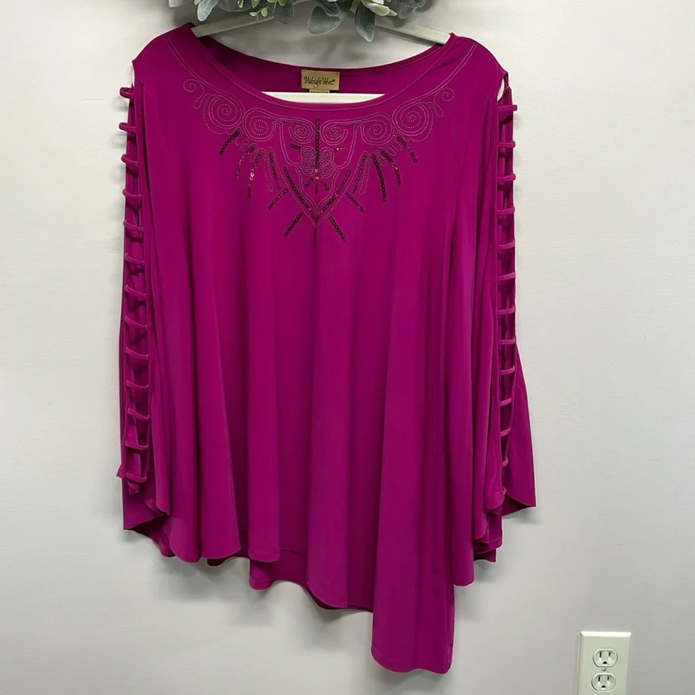 NWOT Midnight Velvet Fuchsia Sequin Embroidered Wide Bell Sleeve Blouse XL